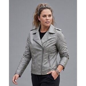 NEW Women's Putty Faux Leather Moto Biker Jacket Asym Zip Silver Hardware Lined